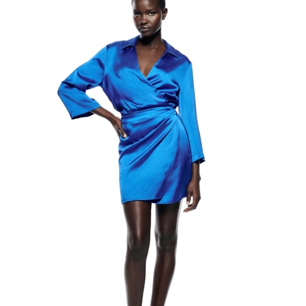 Zara Royal Blue Satin Wrap Mini Dress - Picture 16 of 16